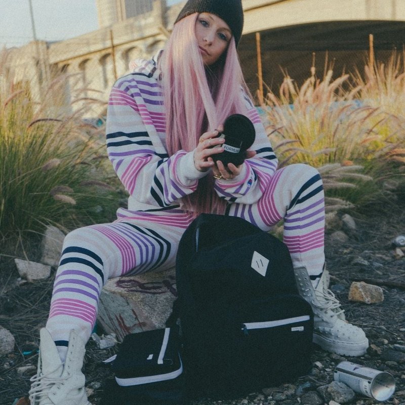 Black Smell Proof Bag and Champion Striped Pink Sweat suit